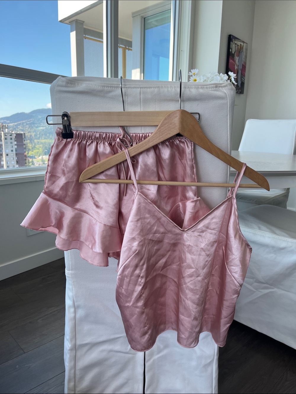 Satin Pink Cami and Ruffle Shorts Set
